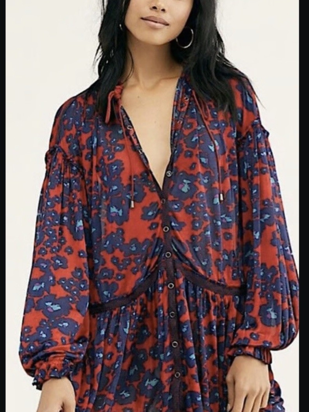 Free People Red & Navy Floral Print Dress